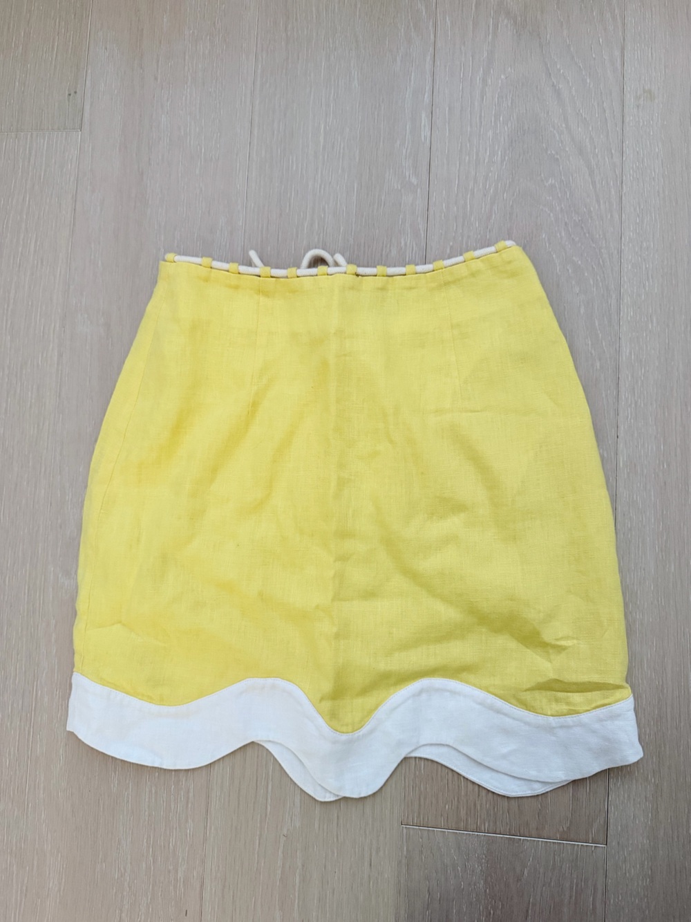 STAUD Yellow Mini Skirt with White Scalloped Hem
